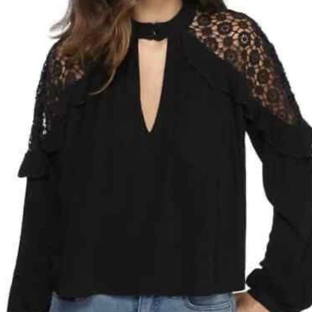 Free People Black Lace Shoulder Long Sleeve V-Neck Top Small Oversized